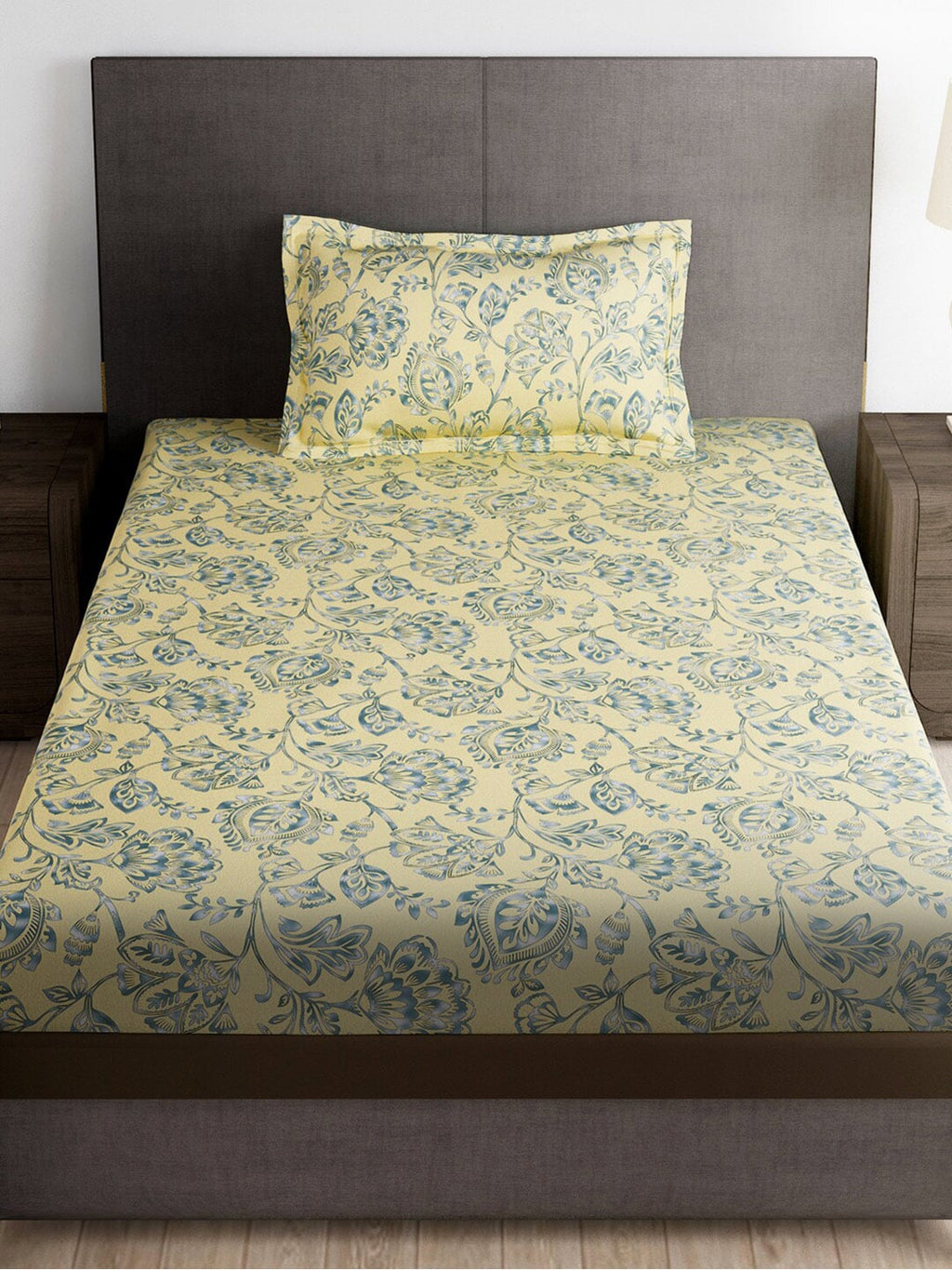 Story@home Cream-Coloured & Grey Floral Microfiber 180 TC Bedsheet & Pillow Cover