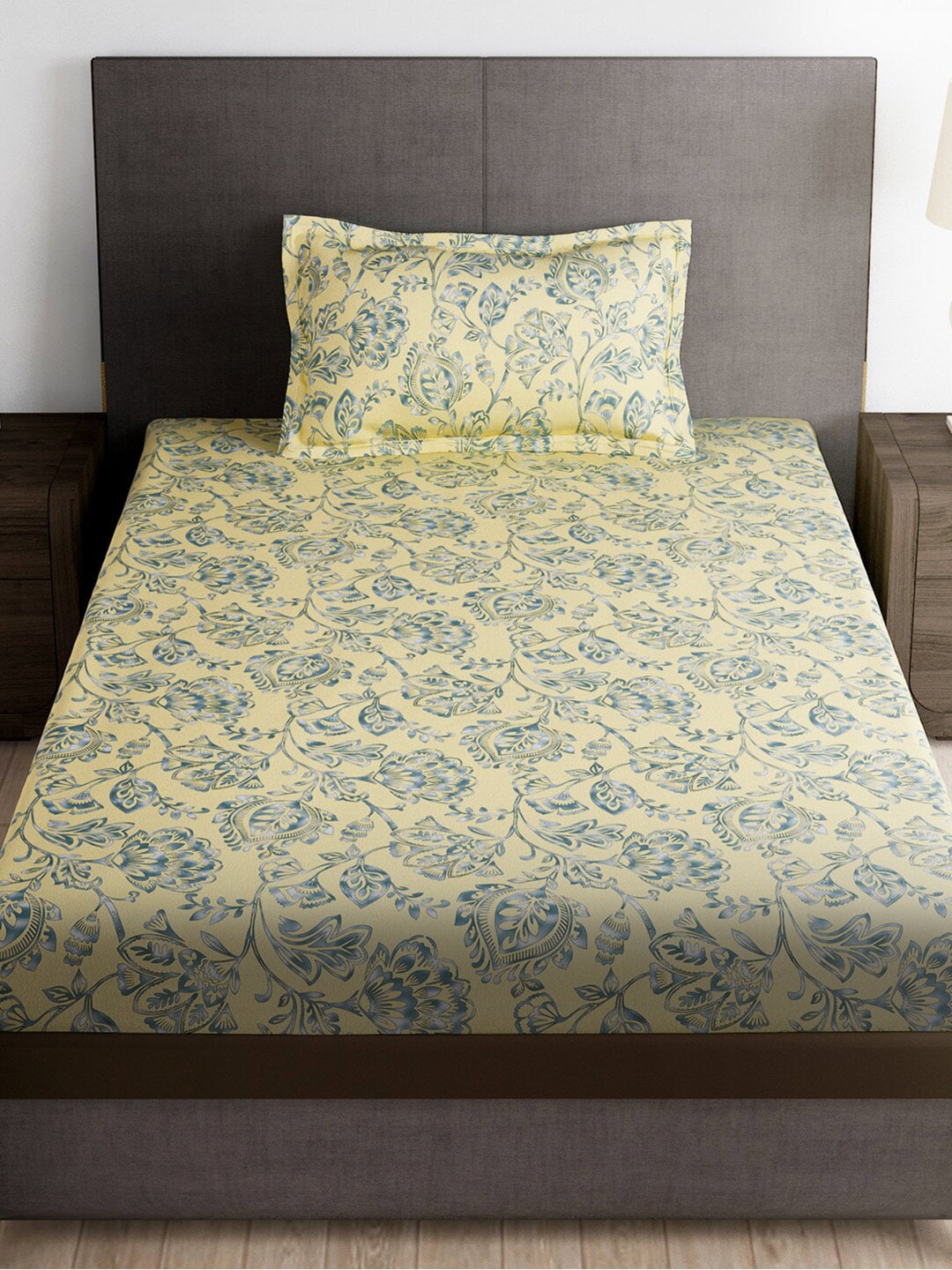 Story@home Cream-Coloured & Grey Floral Microfiber 180 TC Bedsheet & Pillow Cover