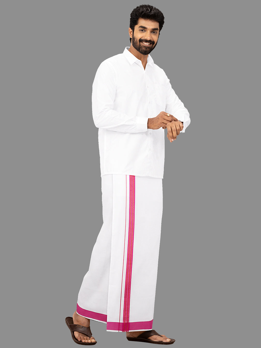 Men Pink Fancy Jari Border Single Dhoti YGF04