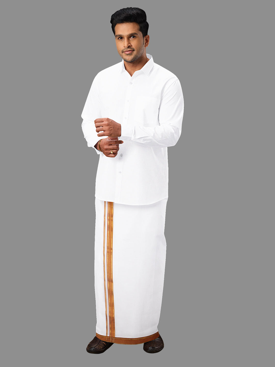 Men Orange Fancy Jari Border Double Dhoti Ruhan Fancy RF02