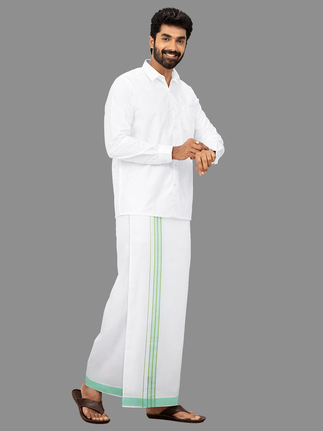 Men Green Fancy Jari Border Single Dhoti YGF03