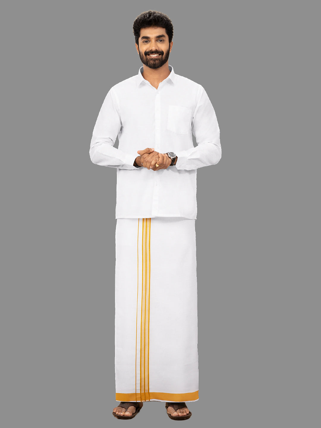 Men Yellow Fancy Jari Border Single Dhoti YGF02