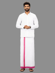 Men Pink Fancy Jari Border Single Dhoti YGF04
