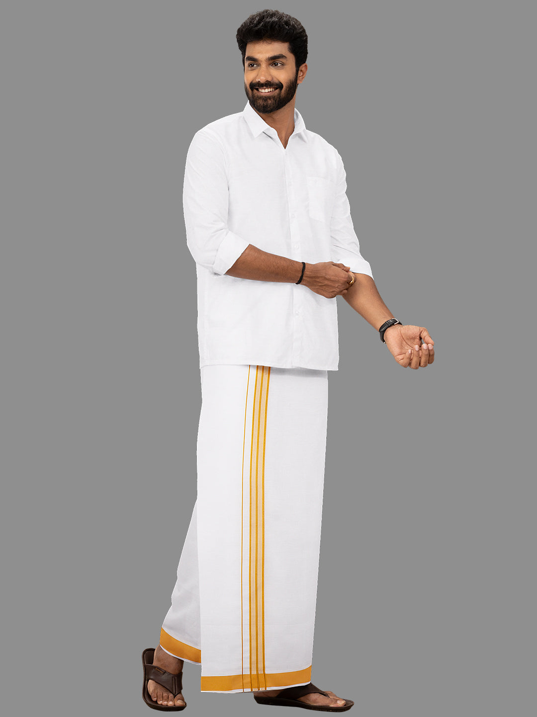 Men Yellow Fancy Jari Border Single Dhoti YGF02