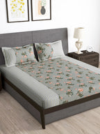 Story@home Arena Grey & Pink Floral Printed 180 TC Bedsheet & Pillow Covers