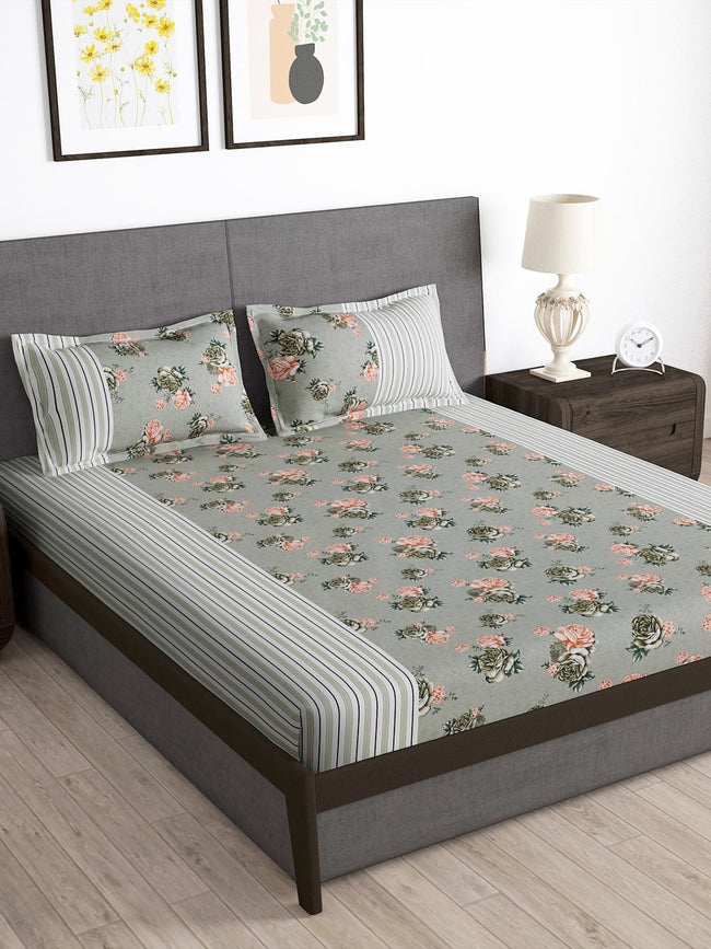 Story@home Arena Grey & Pink Floral Printed 180 TC Bedsheet & Pillow Covers Hover Image