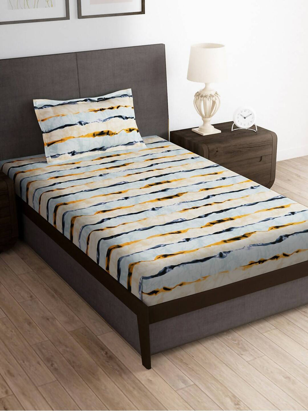 Story@home Arena Cream-Coloured & Grey Printed 180 TC Bedsheet & Pillow Covers