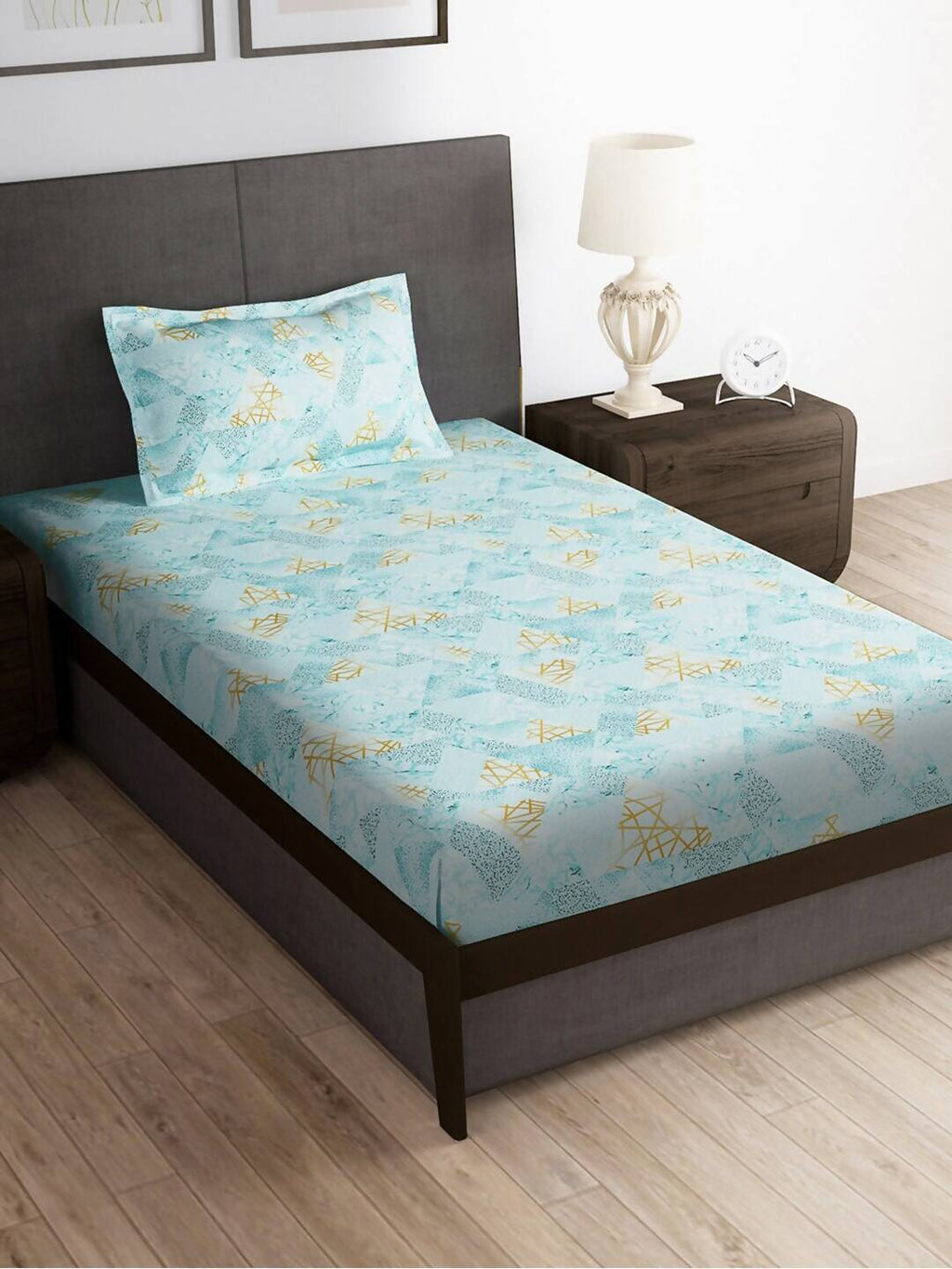 Story@home Arena Blue & Gold-Toned Printed 180 TC Bedsheet & Pillow Covers