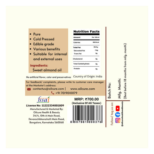 Oilcure Sweet Almond Oil Cold Pressed Main Image