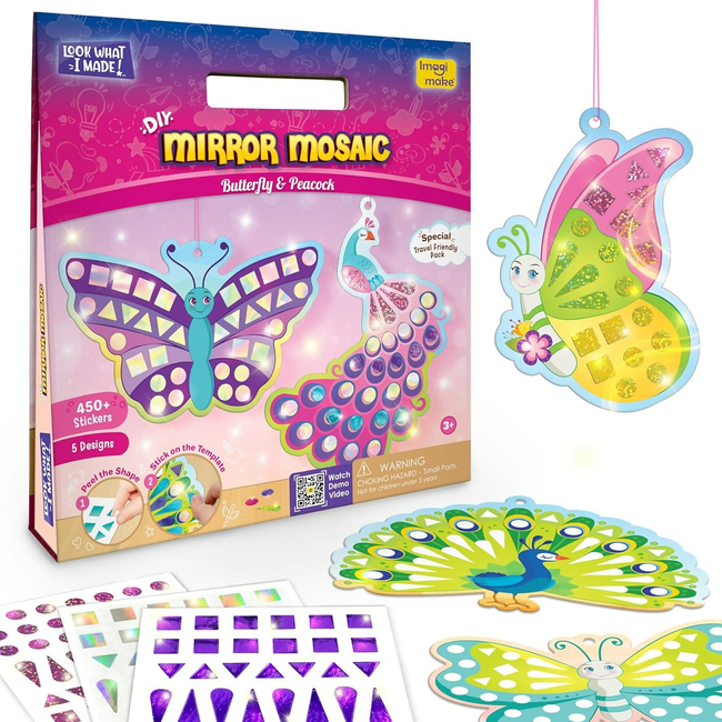 Imagimake Mirror Mosaic Butterfly & Peacock Mess Free DIY Mosaic Craft Kit 450+ Foil Sticker Travel Toys for Girls Birthday Gift for Girls Ages 3,4,5,6,7,8, Peach Hover Image