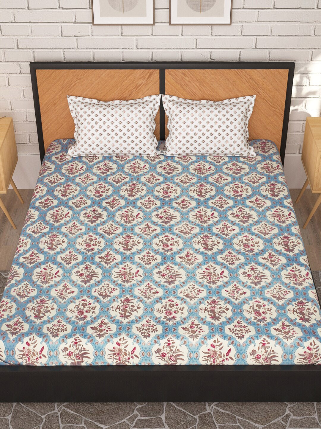 Story@home Cream-Coloured & Pink Floral Microfiber 180 TC Queen Bedsheet & 2 Pillow Covers