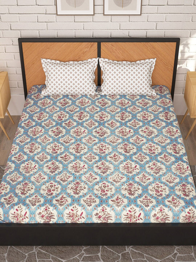 Story@home Cream-Coloured & Pink Floral Microfiber 180 TC Queen Bedsheet & 2 Pillow Covers Main Image