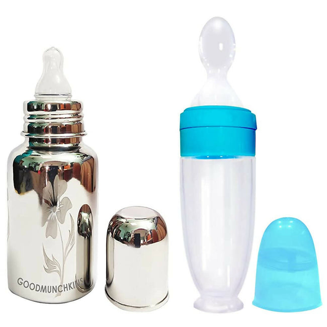 Goodmunchkins Stainless Steel Feeding Bottle With Spoon Food Feeder for Baby Anti Colic Silicon Nipple Feeder 300 ml Combo Pack-Blue Hover Image