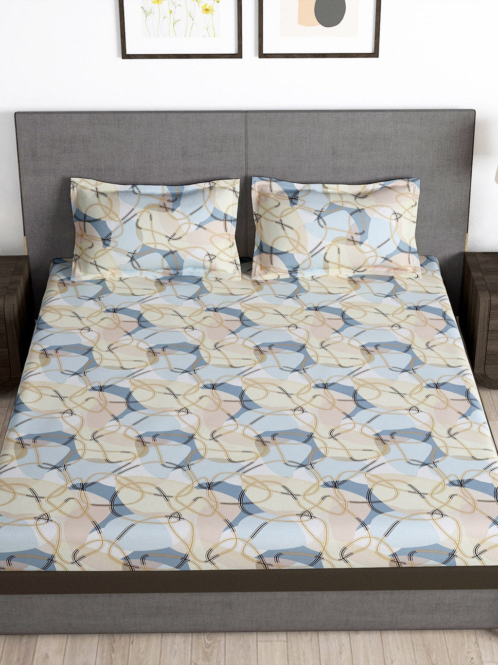 Story@home Arena Cream-Coloured & Grey Printed 180 TC Bedsheet & Pillow Covers