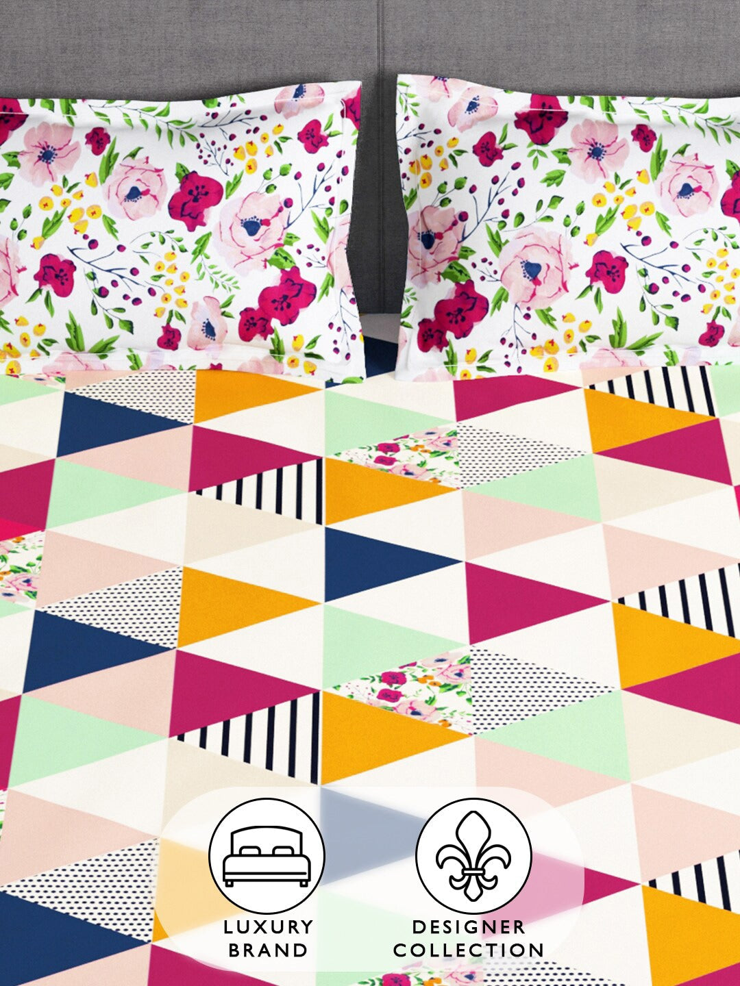 Story@home Arena Pink & Green Geometric Printed 180 TC Queen Bedsheet & 2 Pillow Covers