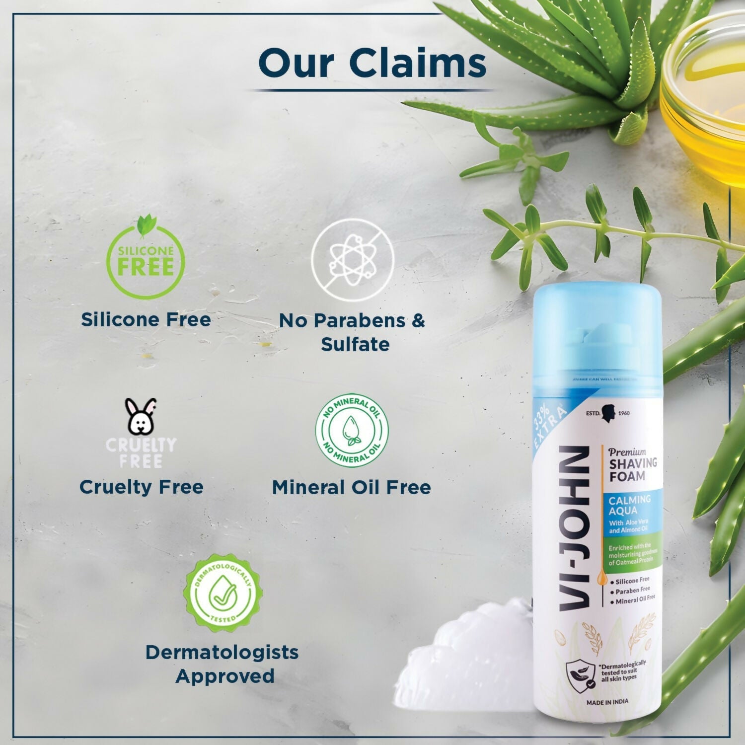 VI-JOHN Dermatologically Tested Premium Claming Aqua Shaving Foam Enriched with Aloevera & Almond Oil Free From Silicone, Paraben & Mineral Oil