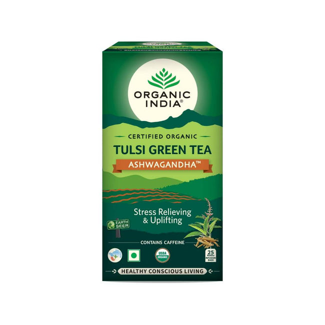 Organic India Tulsi Green Tea Ashwagandha - Herbal Sleep Tea, Caffine Free Hover Image