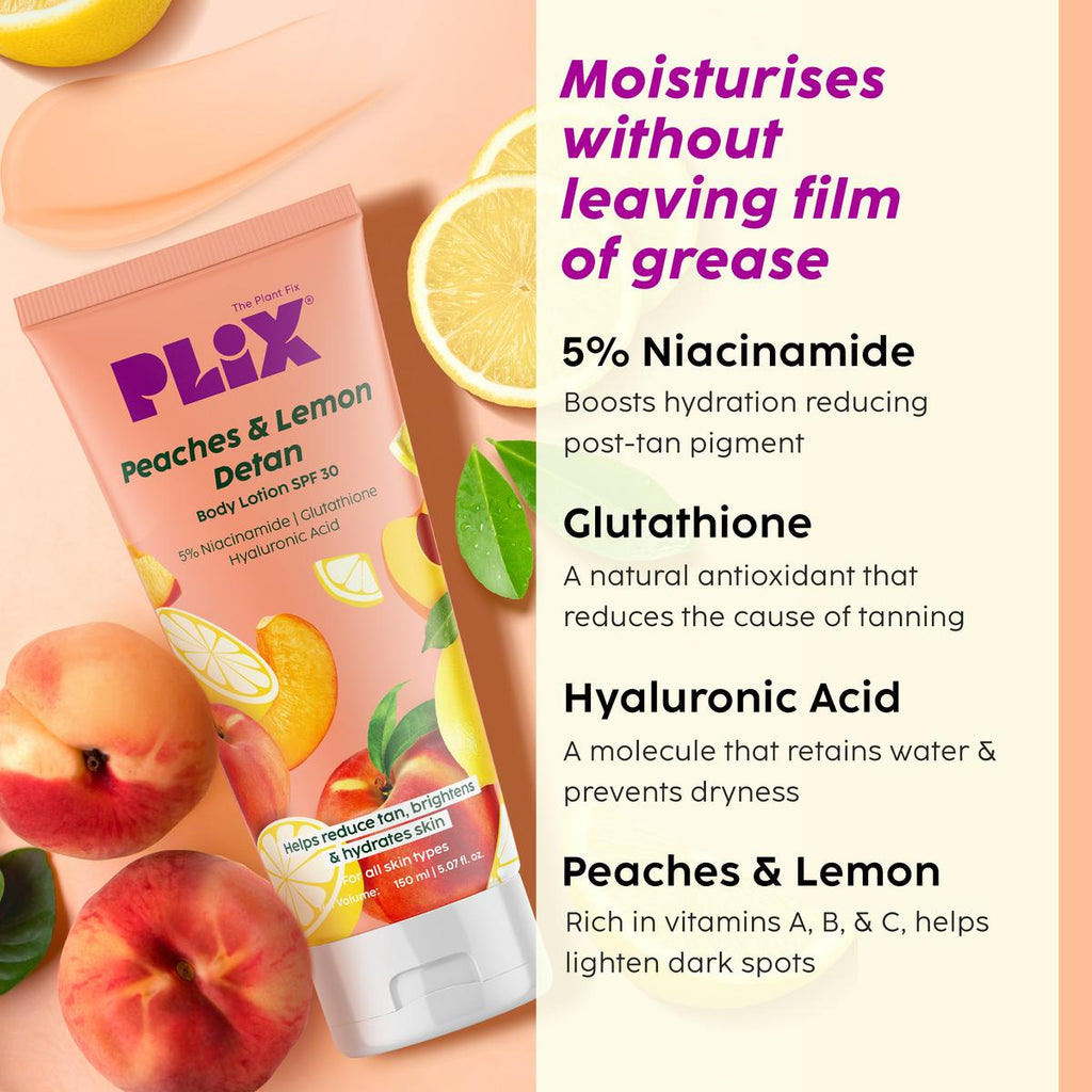 PLIX The Plant Fix Peaches & Lemon Detan Pair with Bump Eraser Body Scrub & SPF15 Body Lotion