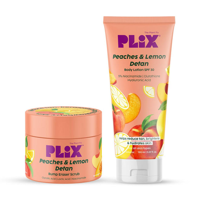 PLIX The Plant Fix Peaches & Lemon Detan Pair with Bump Eraser Body Scrub & SPF15 Body Lotion Hover Image