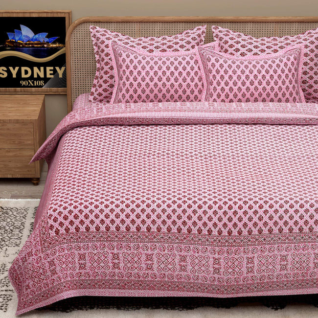 Pink Ethnic Motifs Cotton 200TC King Bedsheet With 2 Zipper Pillow Covers - King Size by House of Ree Main Image