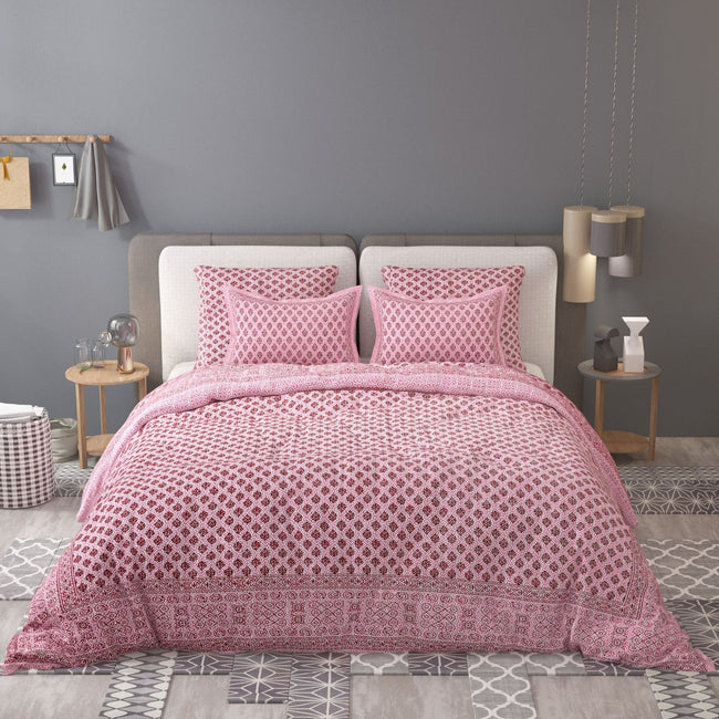 Pink Ethnic Motifs Cotton 200TC King Bedsheet With 2 Zipper Pillow Covers - King Size by House of Ree Hover Image