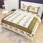 Yellow White Ethnic Motifs Cotton 200TC King Bedsheet With 2 Zipper Pillow Covers - King Size by House of Ree