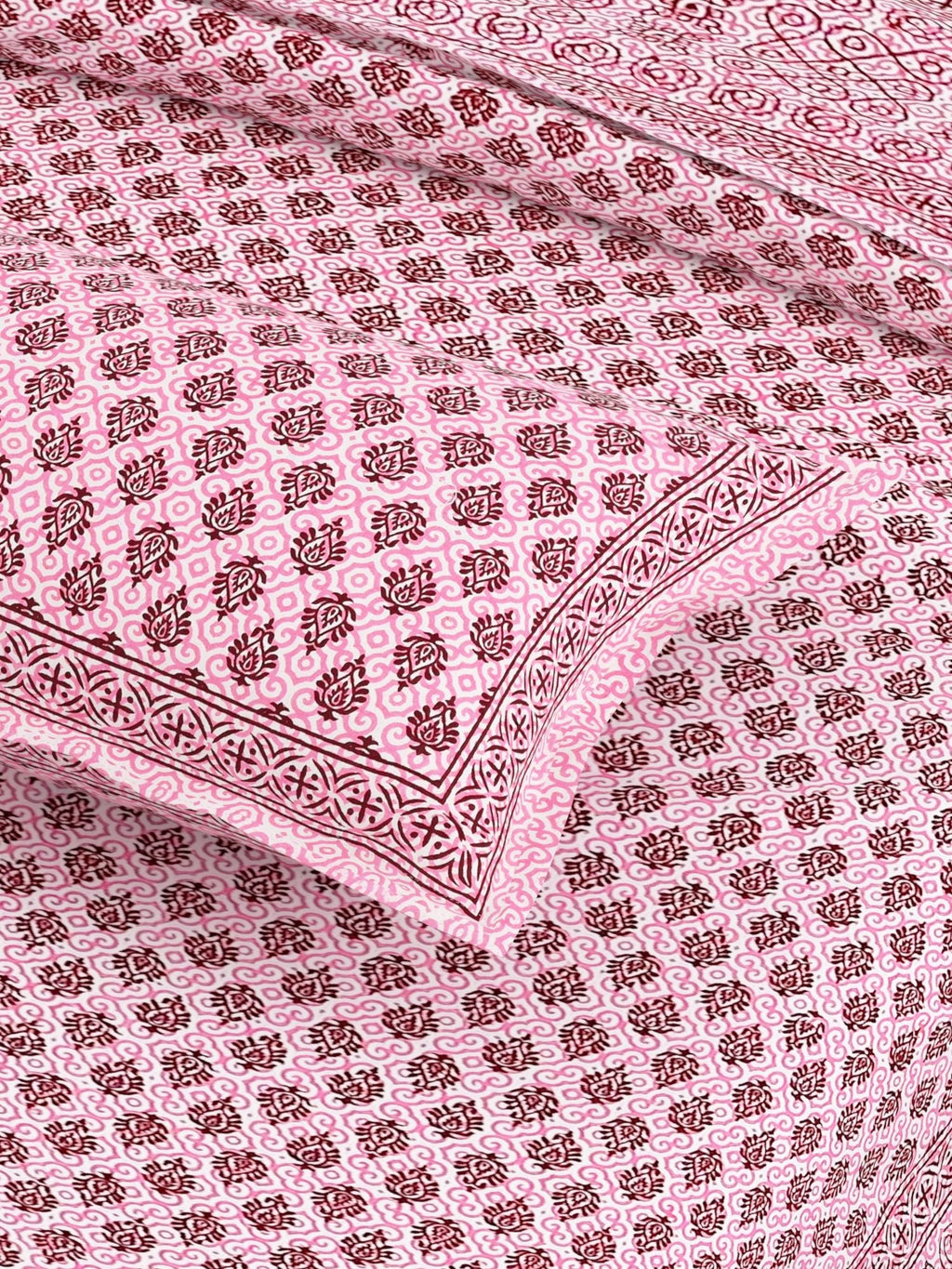 Pink Ethnic Motifs Cotton 200TC King Bedsheet With 2 Zipper Pillow Covers - King Size by House of Ree