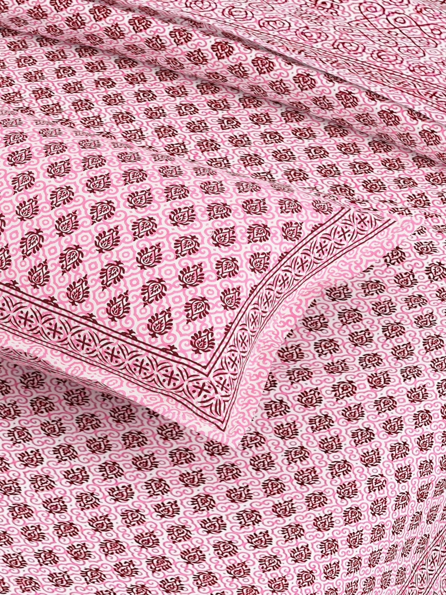 Pink Ethnic Motifs Cotton 200TC King Bedsheet With 2 Zipper Pillow Covers - King Size by House of Ree