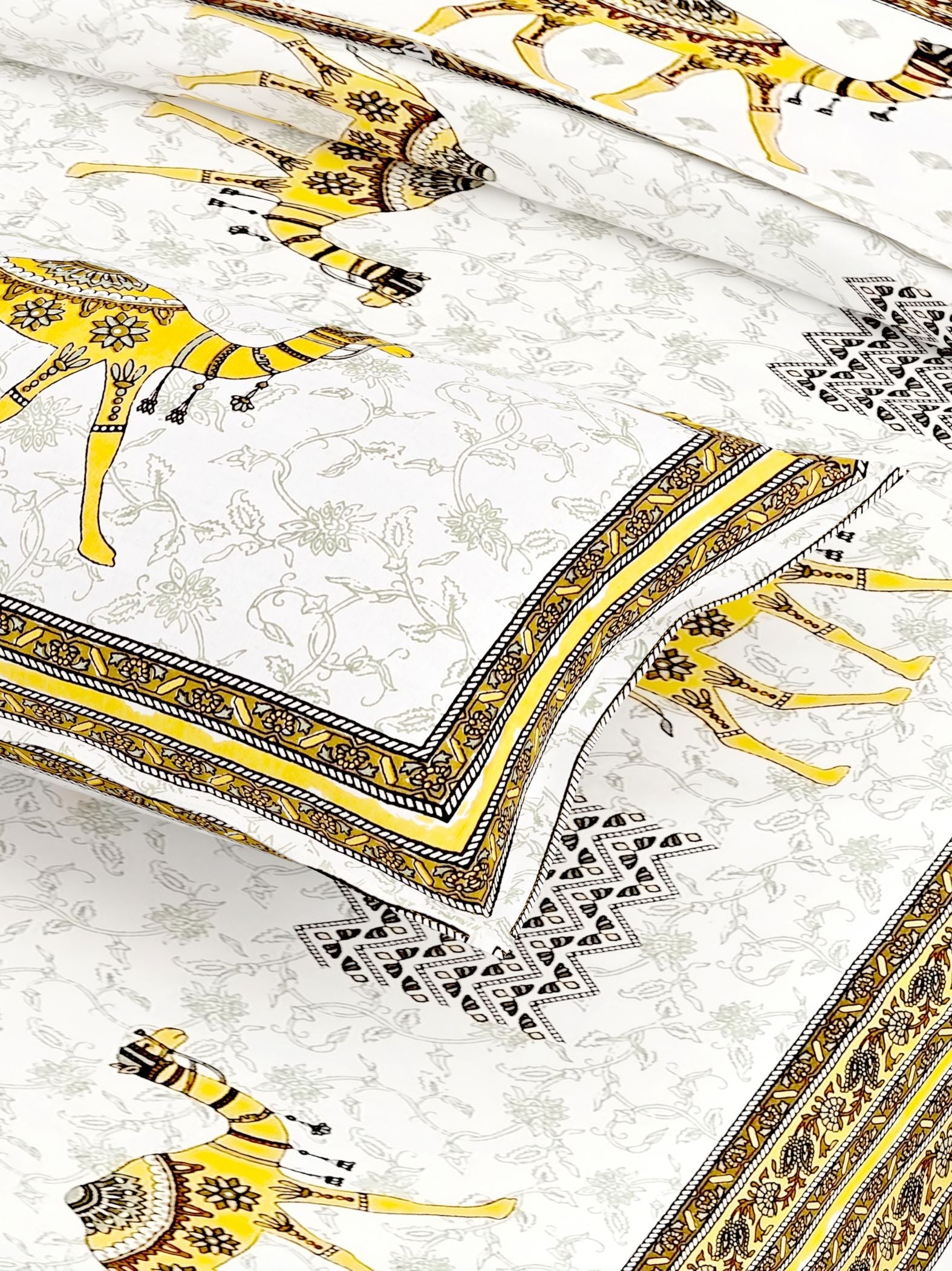 Yellow White Ethnic Motifs Cotton 200TC King Bedsheet With 2 Zipper Pillow Covers - King Size by House of Ree
