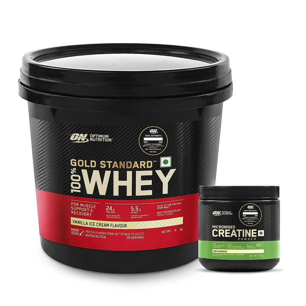 Optimum Nutrition Gold Standard 100% Whey Protein Powder (Vanilla Ice Cream) 4kg & Micronized Creatine Powder Unflavoured 250gm
