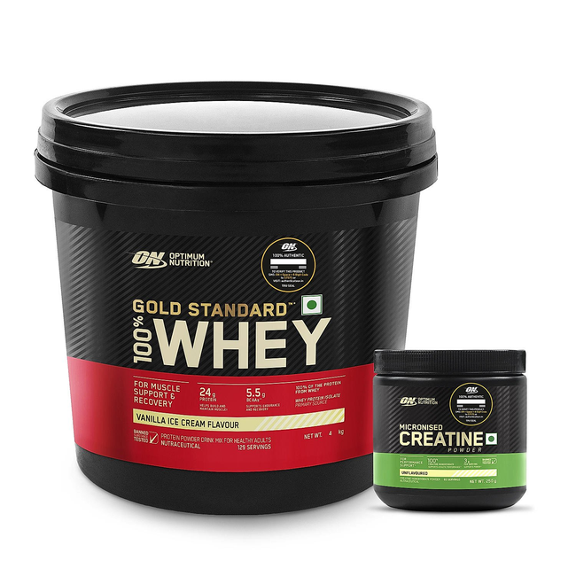 Optimum Nutrition Gold Standard 100% Whey Protein Powder (Vanilla Ice Cream) 4kg & Micronized Creatine Powder Unflavoured 250gm Main Image