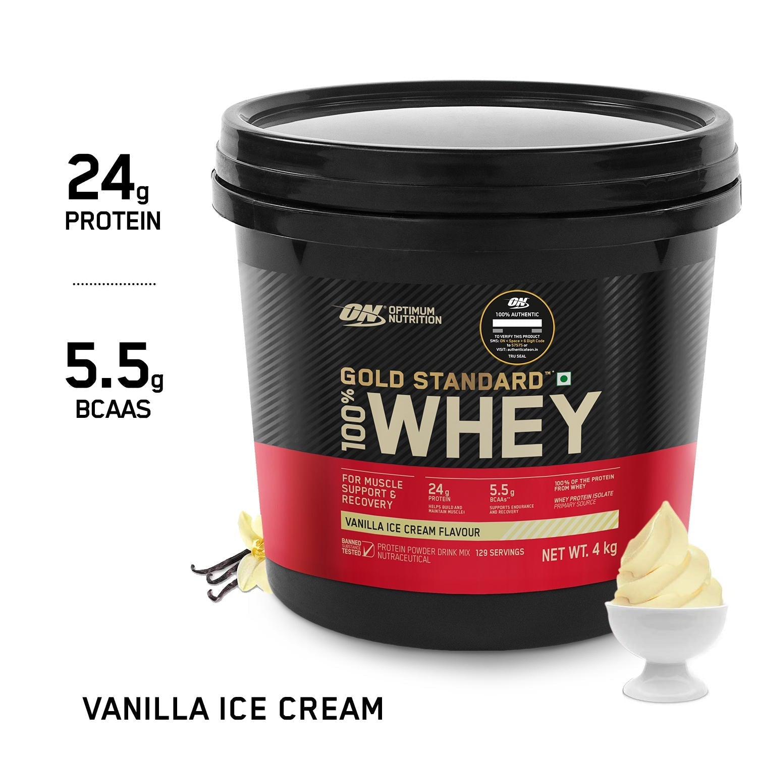 Optimum Nutrition Gold Standard 100% Whey Protein Powder (Vanilla Ice Cream) 4kg & Micronized Creatine Powder (Unflavoured) 100gm