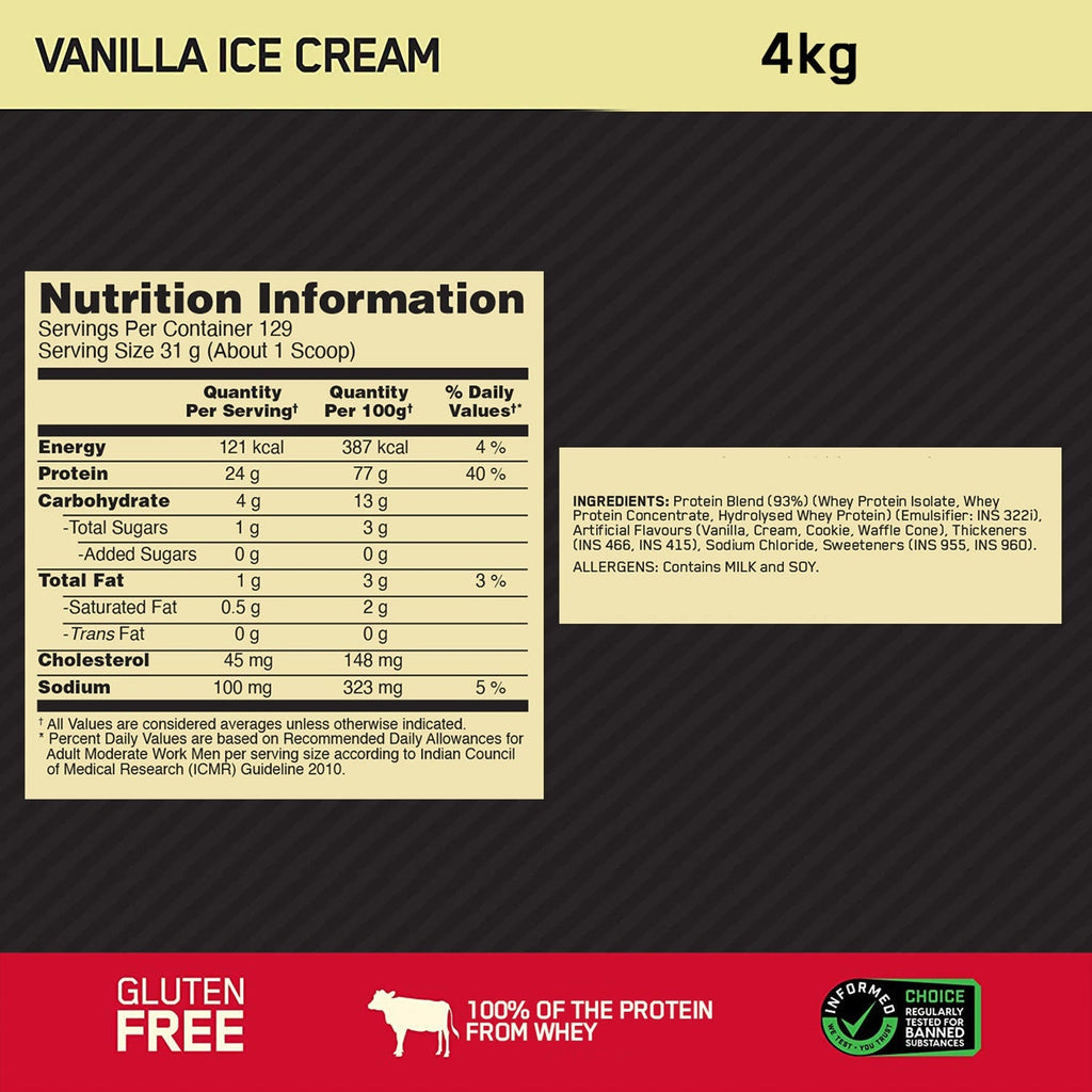 Optimum Nutrition Gold Standard 100% Whey Protein Powder (Vanilla Ice Cream) 4kg & Micronized Creatine Powder (Unflavoured) 100gm