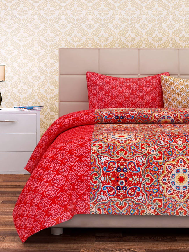 SEJ by Nisha Gupta Red Printed 180 TC Cotton Double Bedsheet with 2 Pillow Covers Main Image