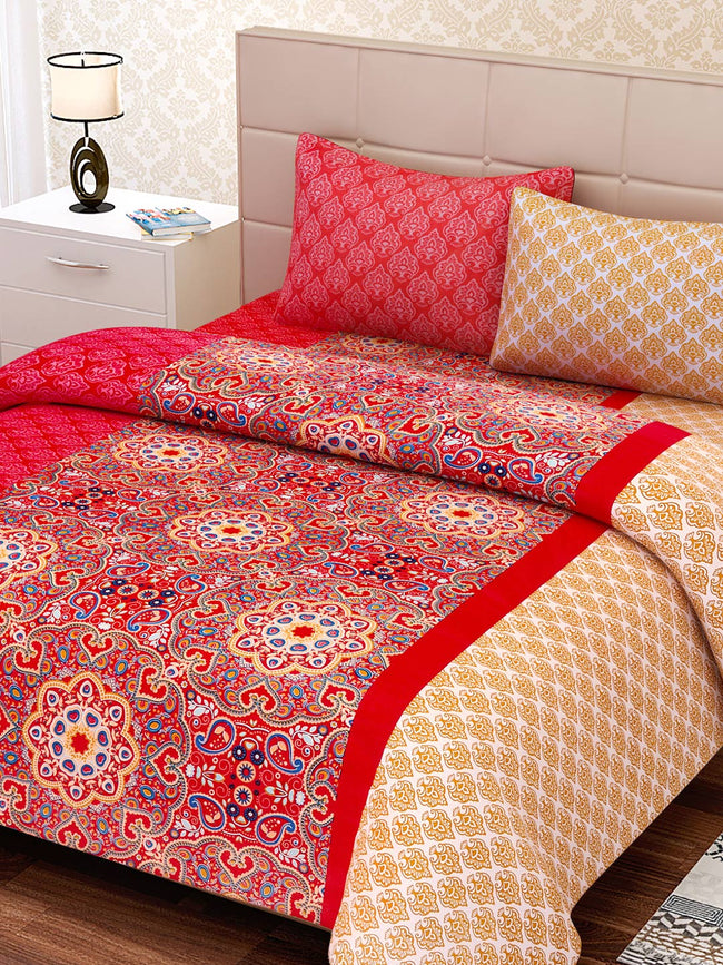SEJ by Nisha Gupta Red Printed 180 TC Cotton Double Bedsheet with 2 Pillow Covers Hover Image
