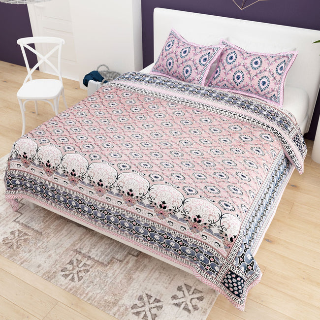 Red White Ethnic Motifs Cotton 200TC King Bedsheet With 2 Zipper Pillow Covers - King Size by House of Ree Main Image
