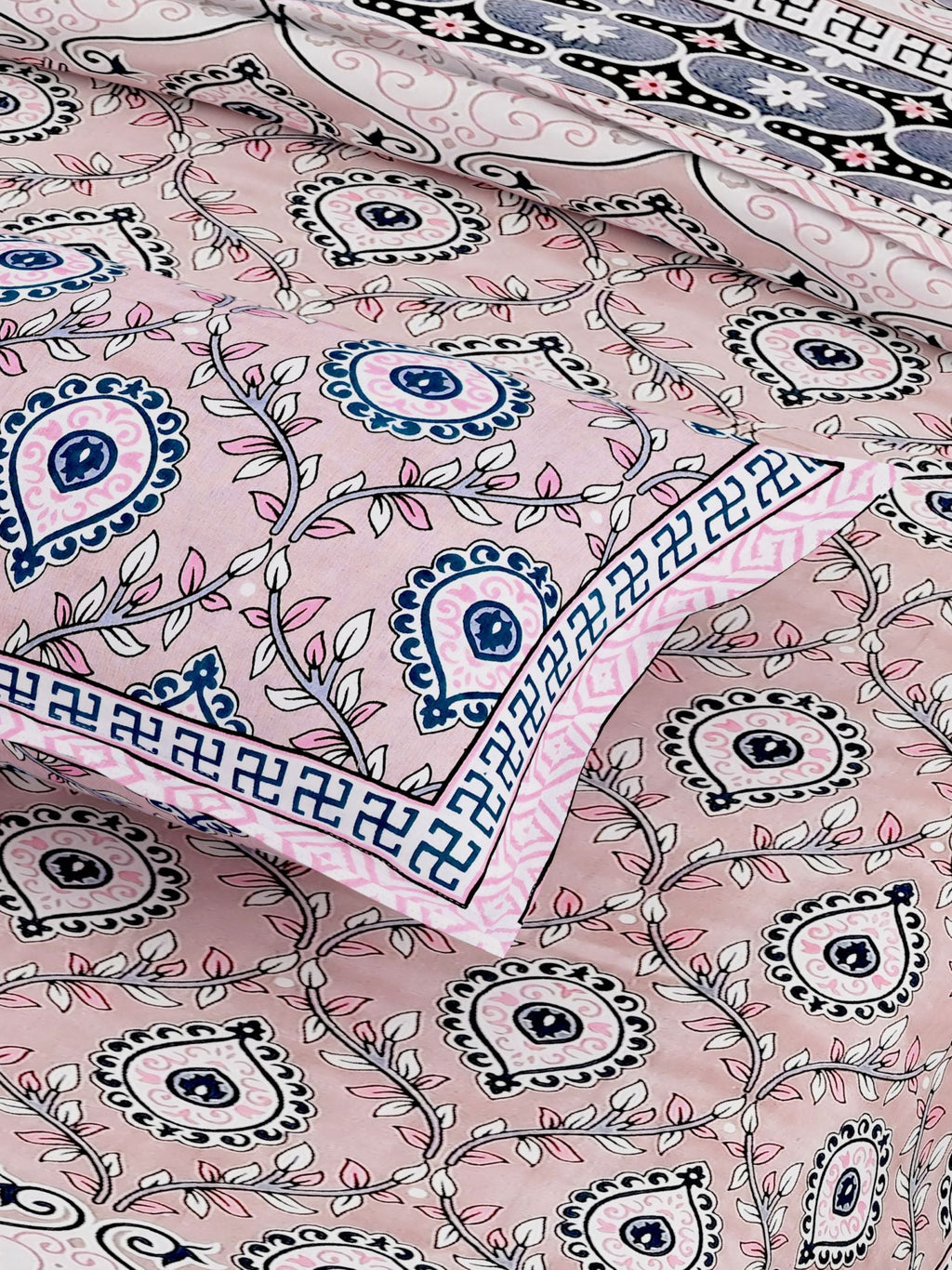 Red White Ethnic Motifs Cotton 200TC King Bedsheet With 2 Zipper Pillow Covers - King Size by House of Ree