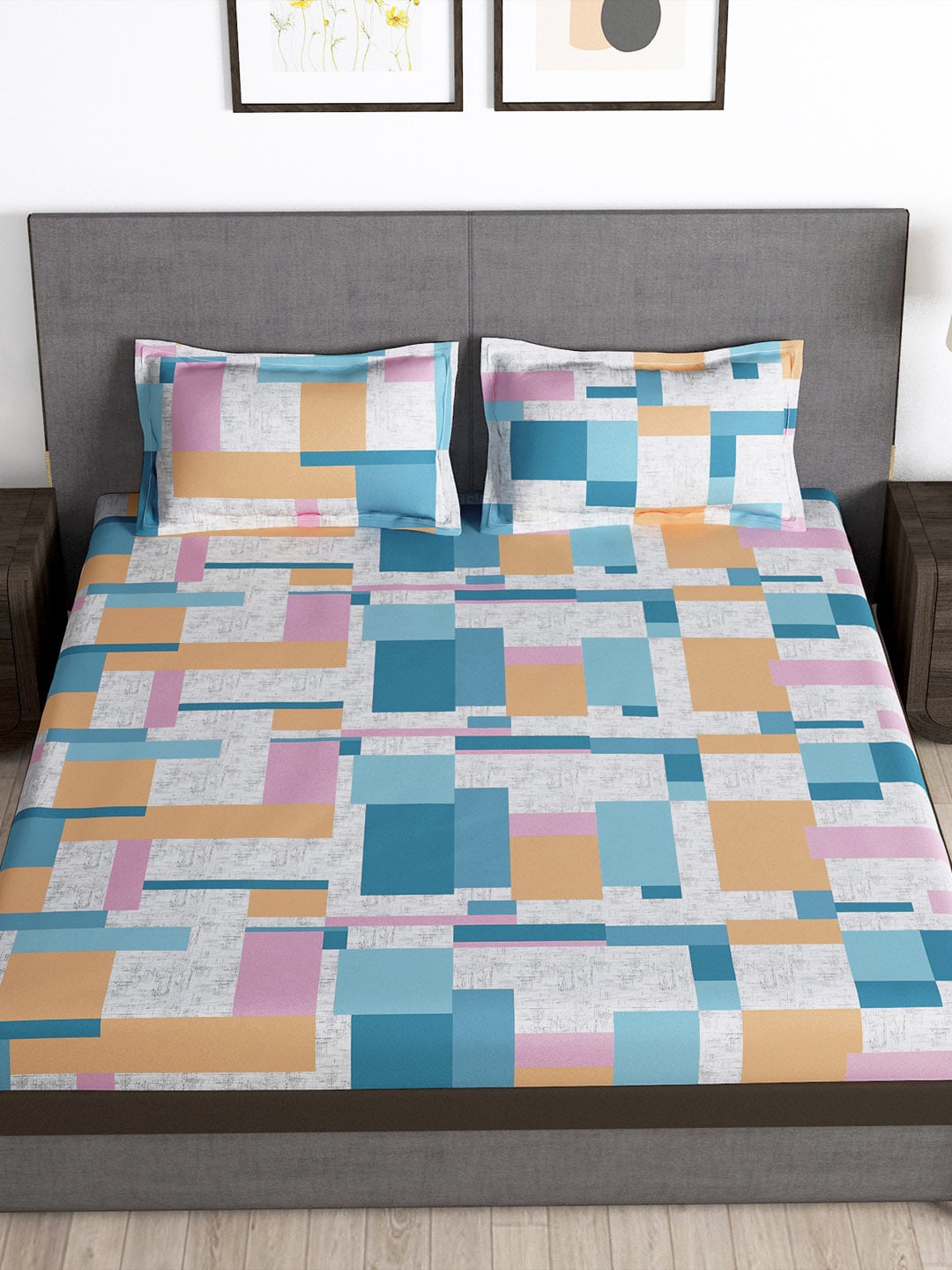 Story@home Arena Grey & White Printed 180 TC Bedsheet & Pillow Covers