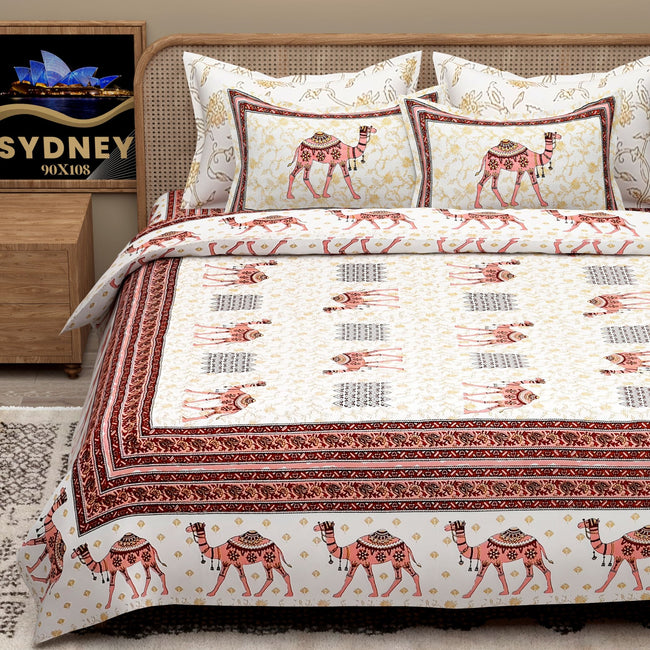 Yellow Ethnic Motifs Cotton 200TC King Bedsheet With 2 Zipper Pillow Covers - King Size by House of Ree Main Image