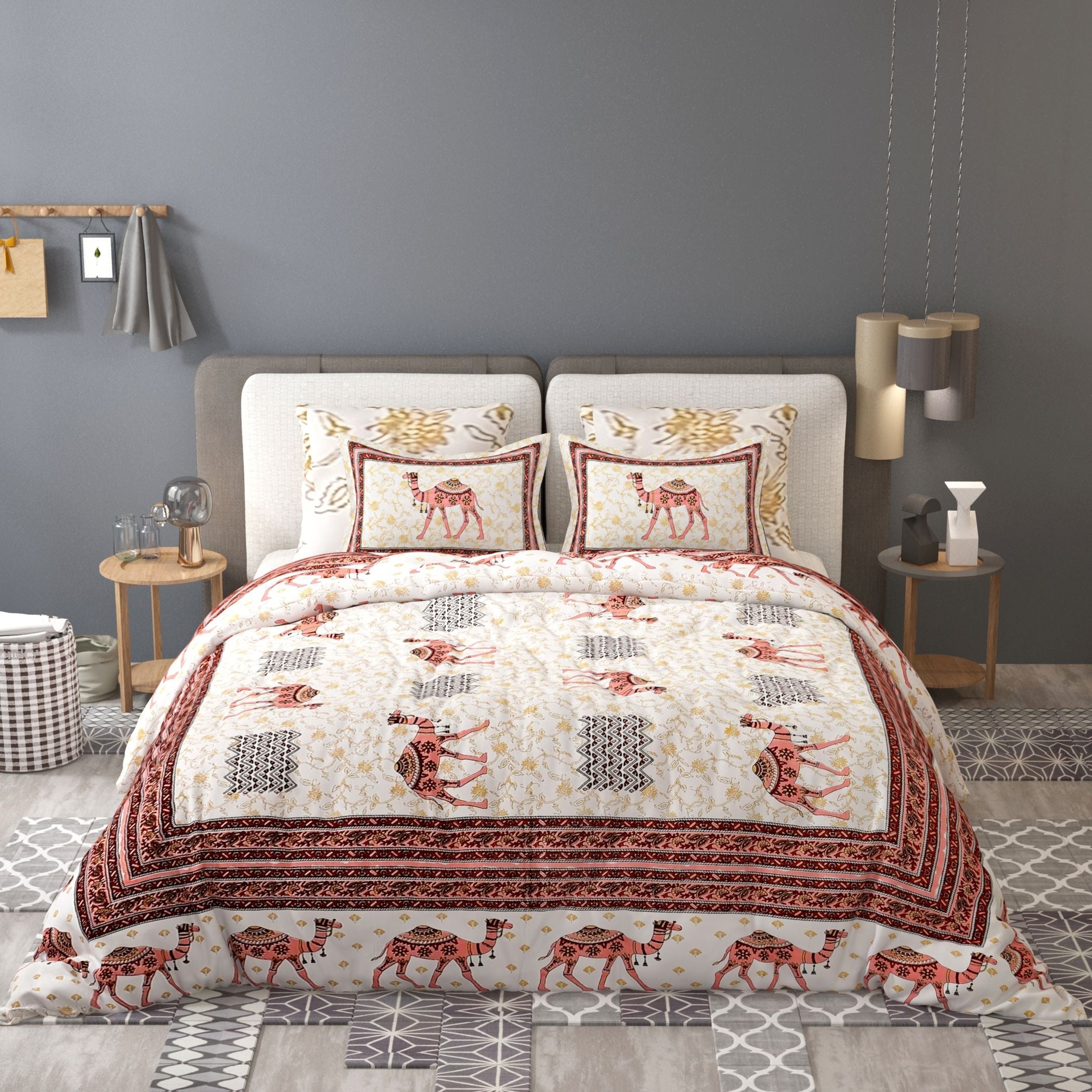 Yellow Ethnic Motifs Cotton 200TC King Bedsheet With 2 Zipper Pillow Covers - King Size by House of Ree