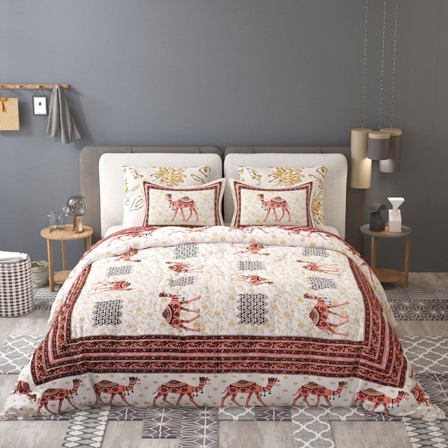 Yellow Ethnic Motifs Cotton 200TC King Bedsheet With 2 Zipper Pillow Covers - King Size by House of Ree Hover Image