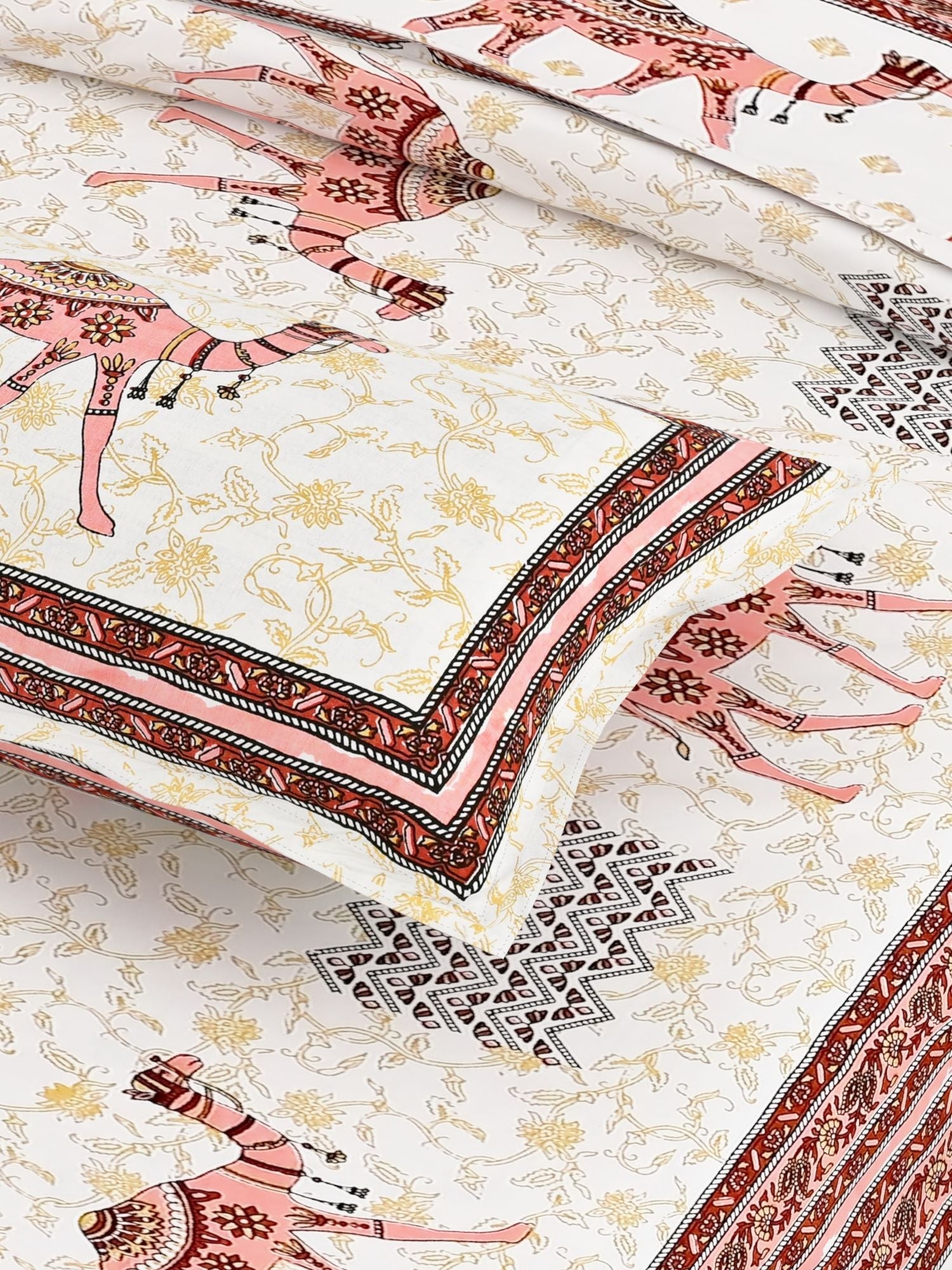 Yellow Ethnic Motifs Cotton 200TC King Bedsheet With 2 Zipper Pillow Covers - King Size by House of Ree