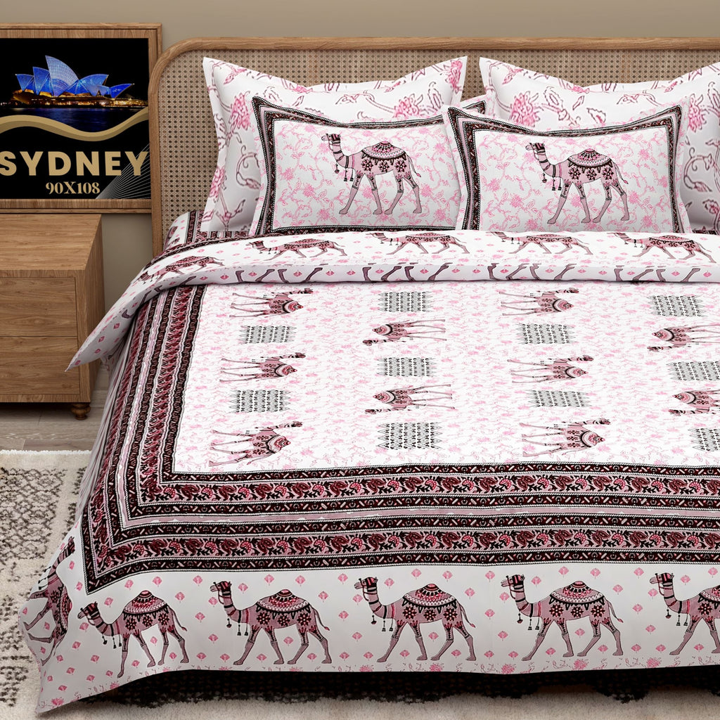 Pink Ethnic Motifs Cotton 200TC King Bedsheet With 2 Zipper Pillow Covers - King Size by House of Ree