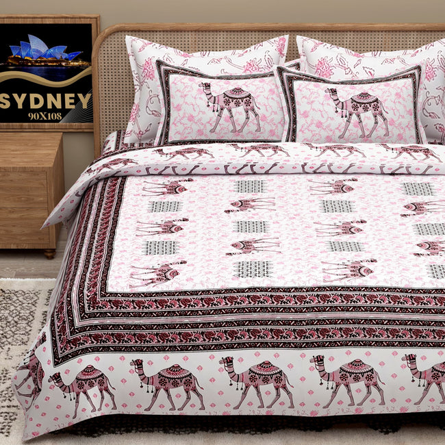 Pink Ethnic Motifs Cotton 200TC King Bedsheet With 2 Zipper Pillow Covers - King Size by House of Ree Main Image