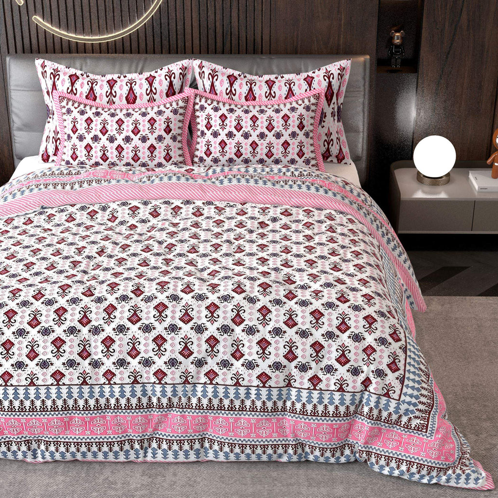 Pink White Ethnic Motifs Cotton King Bedsheet With 2 Zipper Pillow Covers - King Size by House of Ree