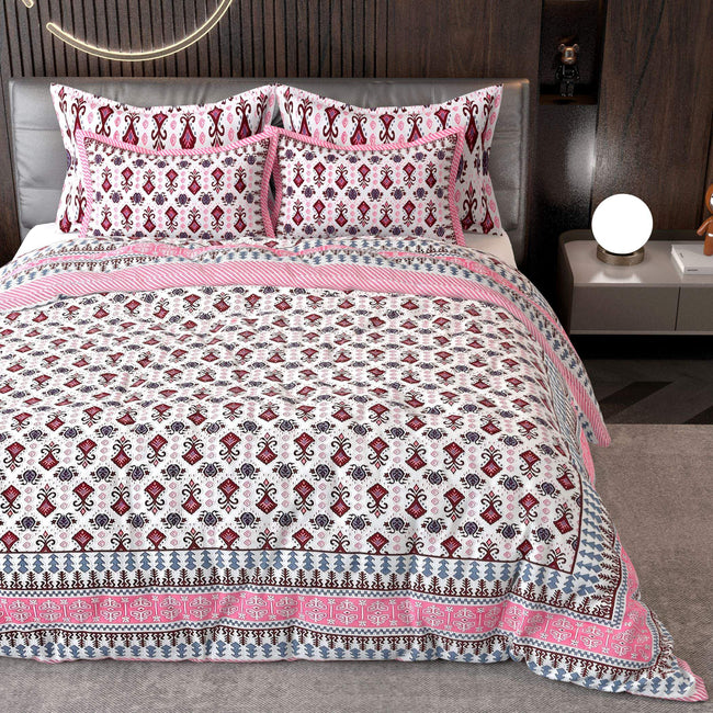 Pink White Ethnic Motifs Cotton King Bedsheet With 2 Zipper Pillow Covers - King Size by House of Ree Hover Image