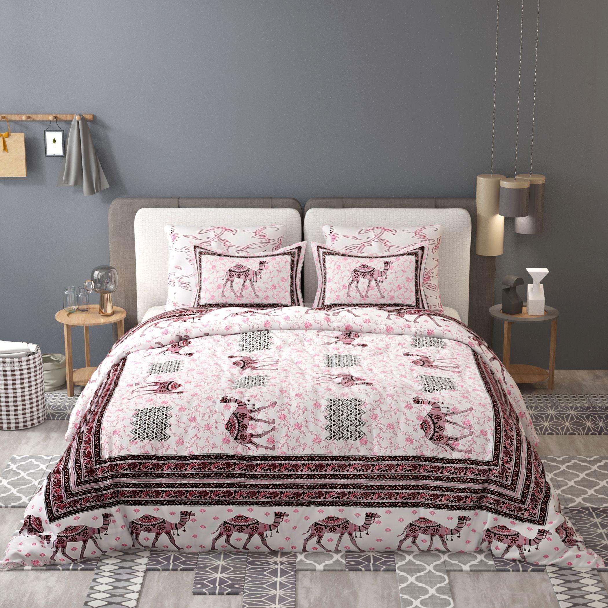 Pink Ethnic Motifs Cotton 200TC King Bedsheet With 2 Zipper Pillow Covers - King Size by House of Ree