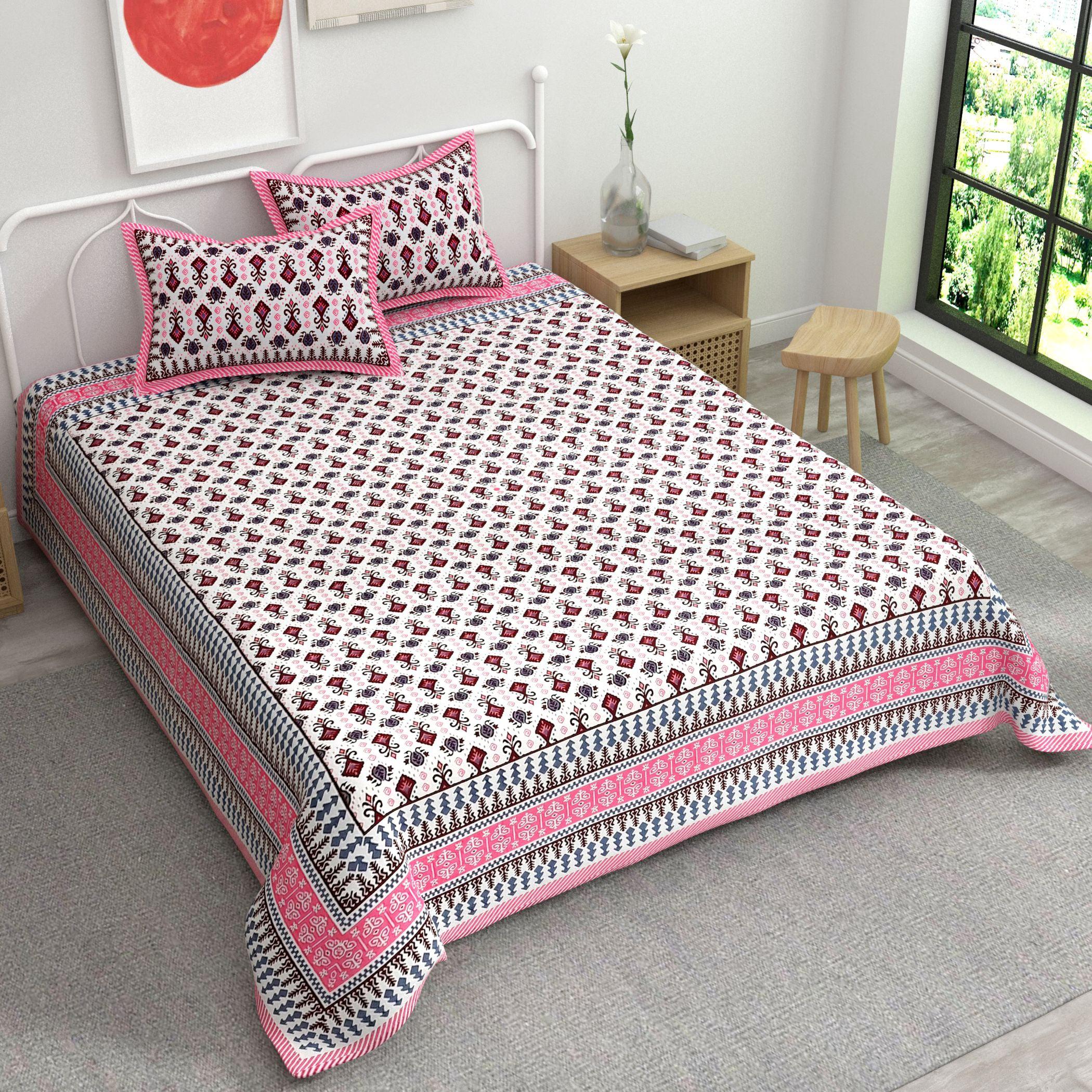 Pink White Ethnic Motifs Cotton King Bedsheet With 2 Zipper Pillow Covers - King Size by House of Ree