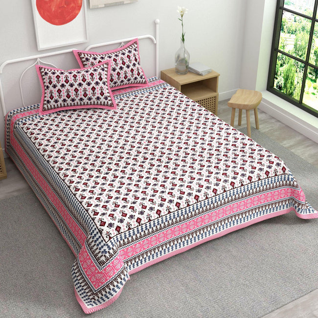 Pink White Ethnic Motifs Cotton King Bedsheet With 2 Zipper Pillow Covers - King Size by House of Ree Main Image