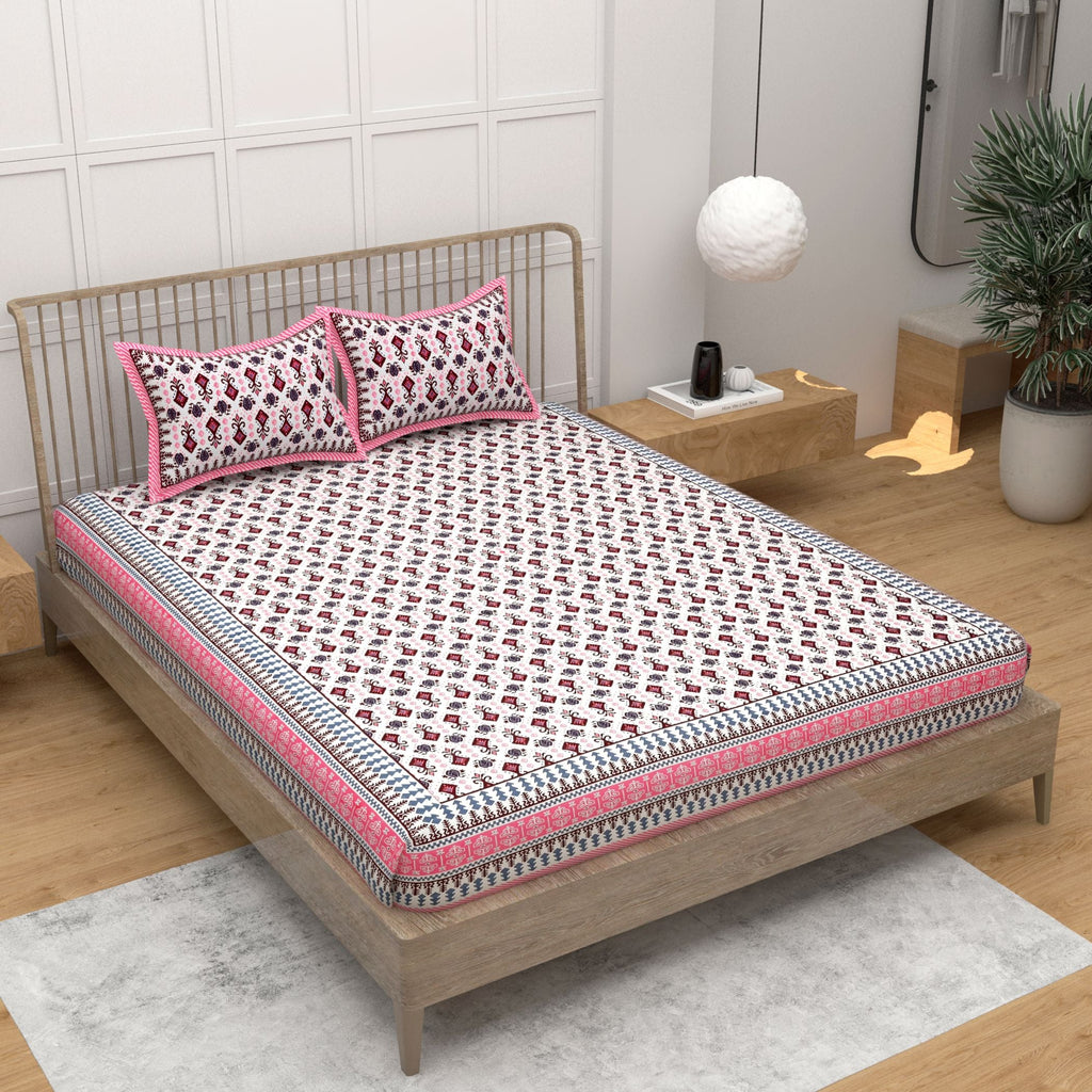 Pink White Ethnic Motifs Cotton King Bedsheet With 2 Zipper Pillow Covers - King Size by House of Ree